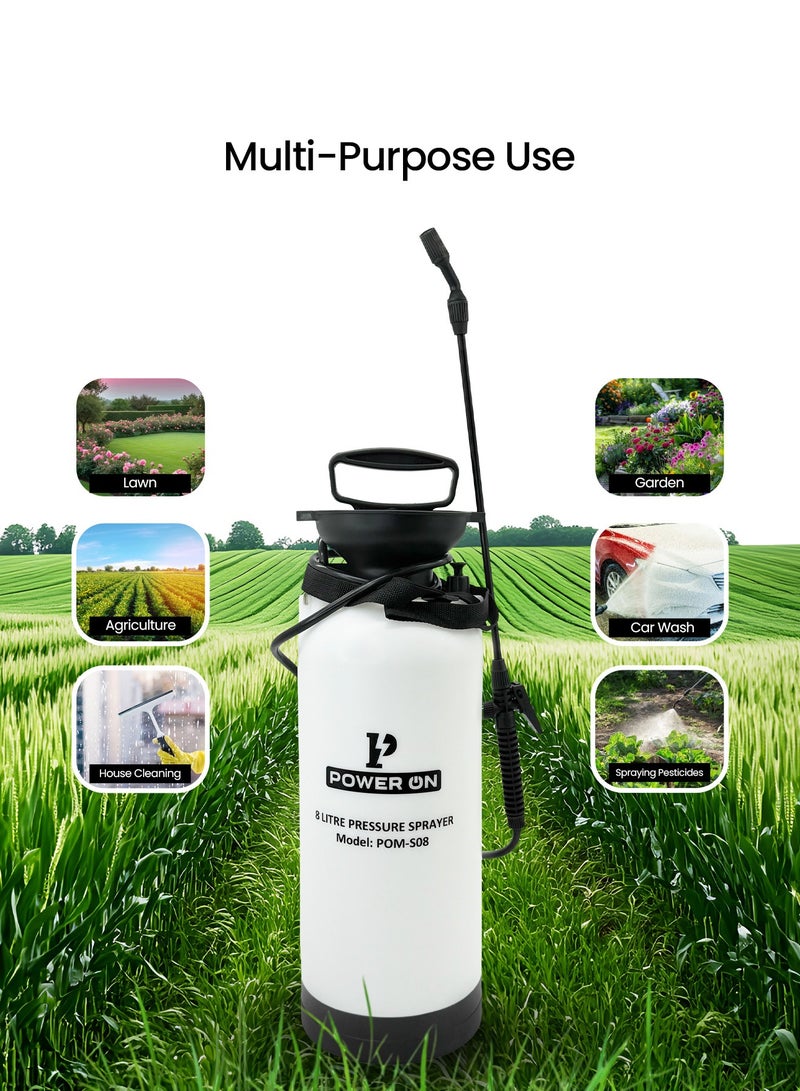 POWERON 8L Pressure Sprayer for Garden and Home – Adjustable Nozzle, Pump Action, Heavy-Duty Plastic, Shoulder Strap – Ideal for Watering, Cleaning, Car Washing – White - Image 5
