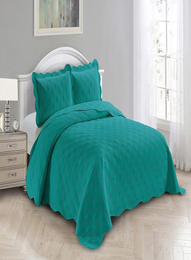 Fancy Linen 3pc Embossed Coverlet Bedspread Set Oversized Bed Cover Solid Modern Squared Pattern New # Jenni (King/California King, Turquoise) - Image 1