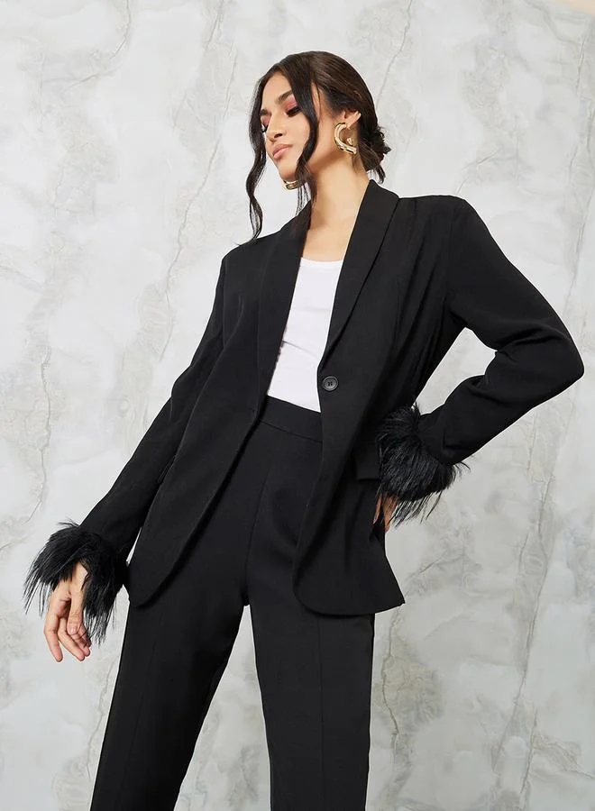 ستايلي Regular Fit Longline Faux Fur Trim Blazer