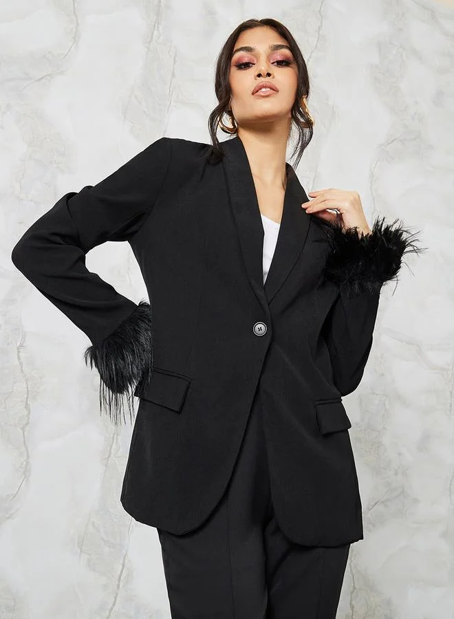 ستايلي Regular Fit Longline Faux Fur Trim Blazer