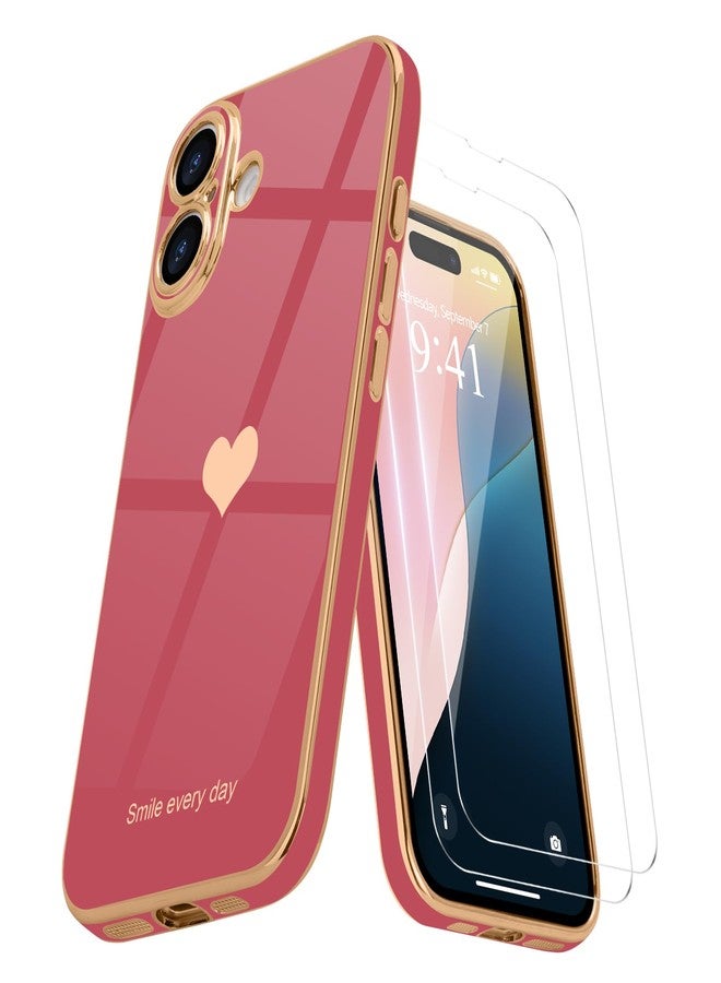 Teageo جراب Teageo لهاتف iPhone 16 مع واقيين للشاشة بنمط قلب، للنساء والفتيات، مطلي بطبقة لامعة فاخرة، مصنوع من مادة TPU الناعمة، مقاوم للخدوش والصدمات، جراب هاتف لهاتف iPhone 16، لون وردي فاتح - Image 1