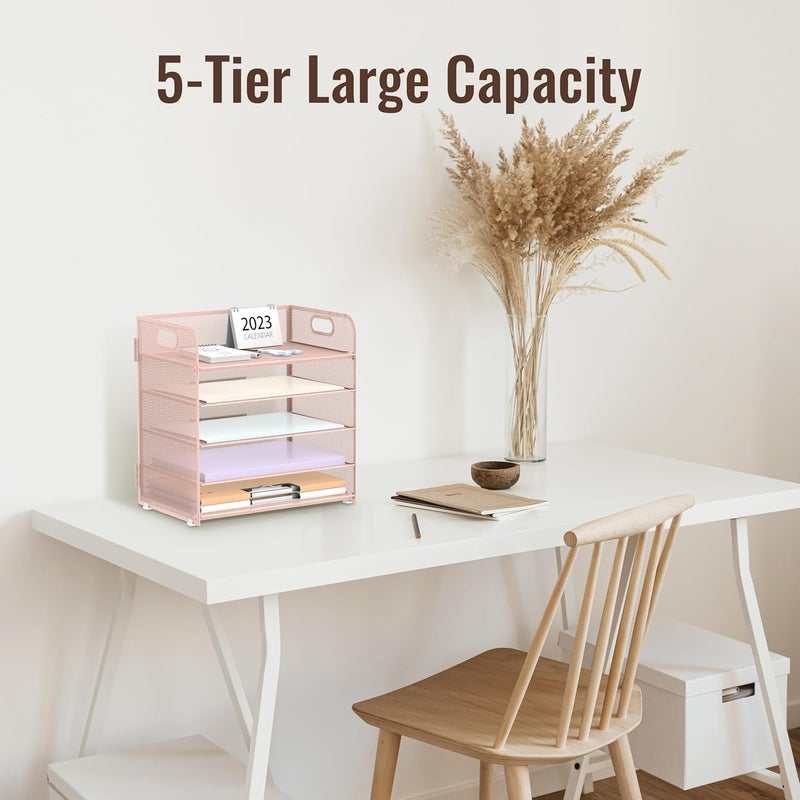 SUPEASY 5 Trays Paper Organizer Letter Tray with Handle-Mesh Desk File Organizer,Pink Paper Sorter Desk Organizer for Office, Home or School - Image 5
