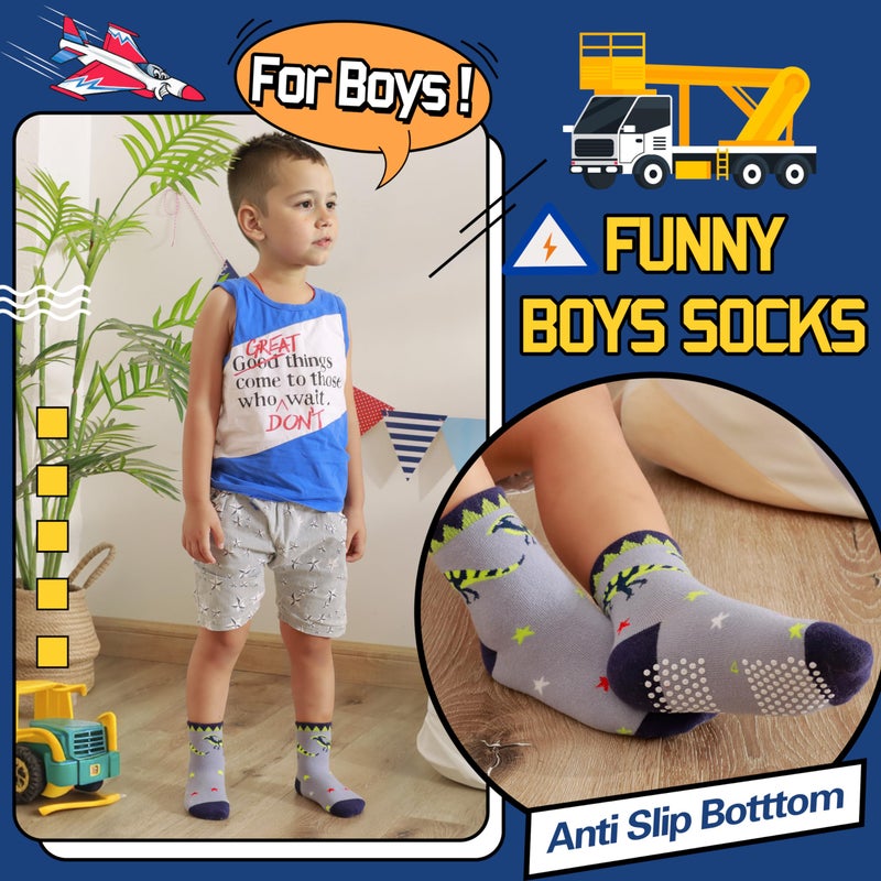 Welwoos Baby Boys Grips Socks Kids Toddlers Infants Non Slip Anti Skid Funny Animal Cartoon Gift Cotton Socks with Grippers 12 Pairs Stocking Stuffers (Dinosaur,3-5 Y) - Image 4