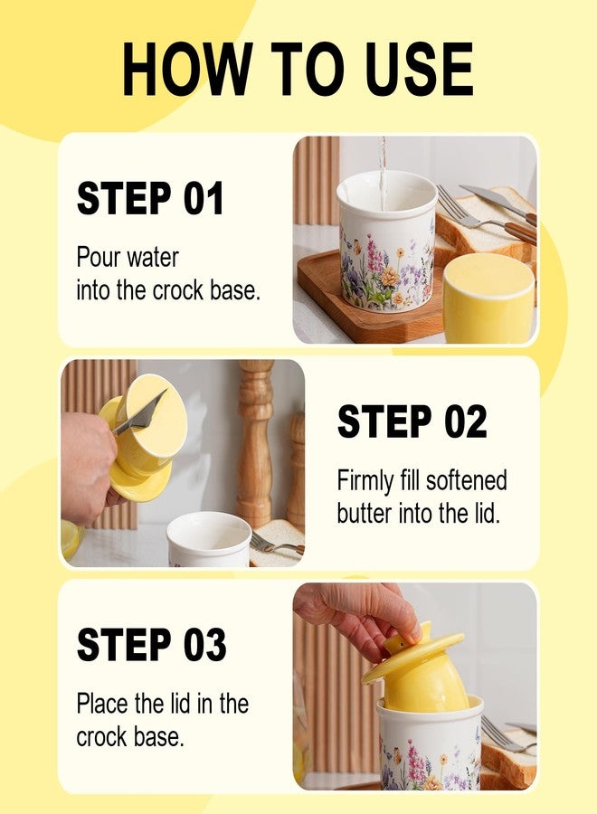 Lechoo Butter Crock with Yellow Lid for Countertop, 3.9'' Flower Butter Dish Keeper For Fresh with Water Line, Container Holder for Kitchen and Home Decor, Perfect to Keep Butter Soft and Spreadable - Image 3
