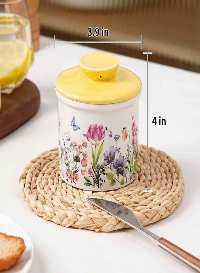 Lechoo Butter Crock with Yellow Lid for Countertop, 3.9'' Flower Butter Dish Keeper For Fresh with Water Line, Container Holder for Kitchen and Home Decor, Perfect to Keep Butter Soft and Spreadable - Image 2