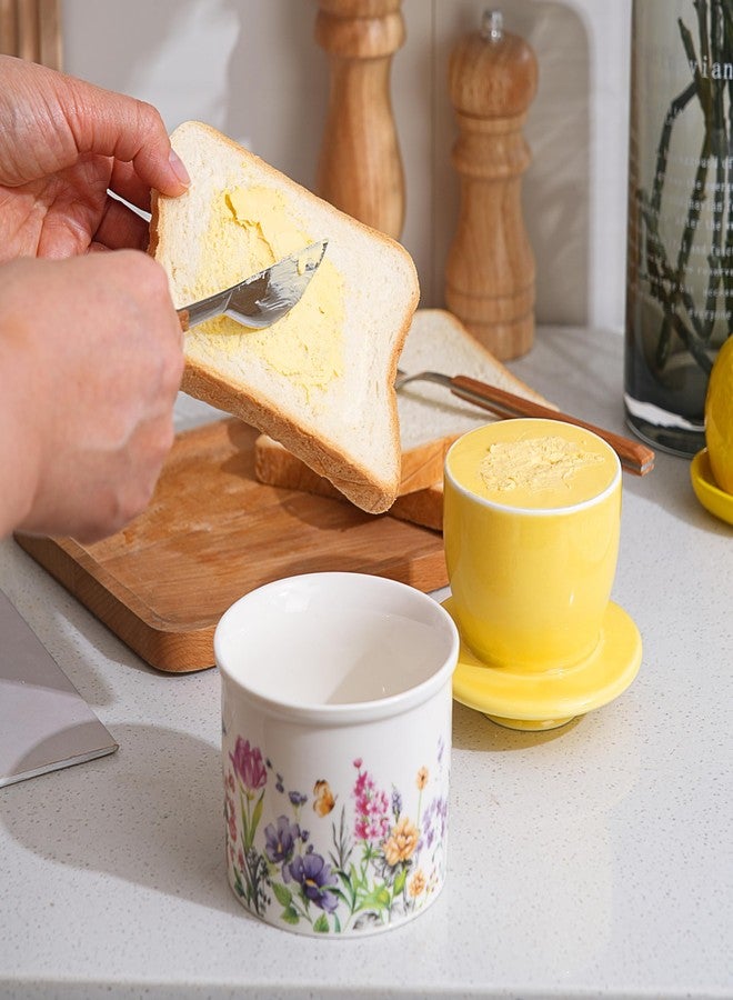 Lechoo Butter Crock with Yellow Lid for Countertop, 3.9'' Flower Butter Dish Keeper For Fresh with Water Line, Container Holder for Kitchen and Home Decor, Perfect to Keep Butter Soft and Spreadable - Image 5