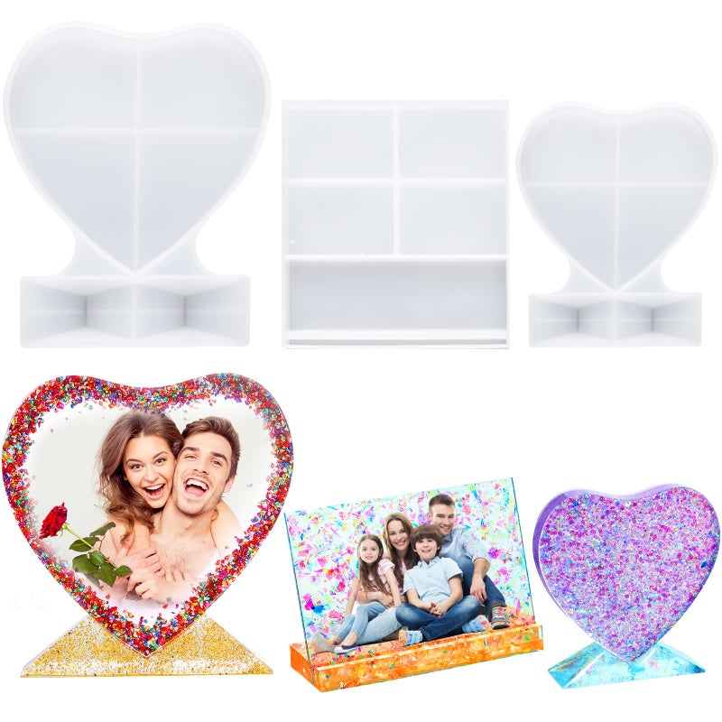 Patelai 3 Pieces Resin Photo Frame Molds Heart Rectangle Shape Silicone Picture Mold for Casting DIY Personalized Epoxy Photo Frame Shape for Crafts Table Home Decoration