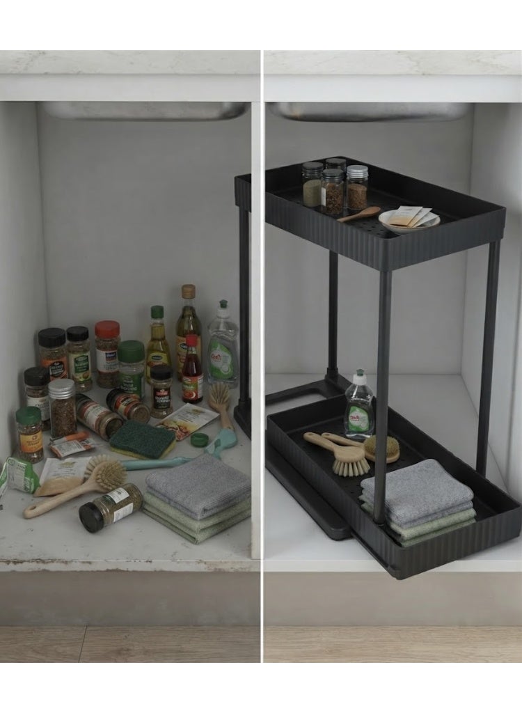 Novique 2-Tier Storage Organizer with Pull-Out Lower Basket, Kitchen & Bathroom Under Sink Cabinet Organizer, Space-Saving Vertical Design for Tight Spaces, Black, 32 x 19.5 x 33.5 cm, 2 Storage Shelves for Spices, Sauces, Jars & Bottles - Image 3