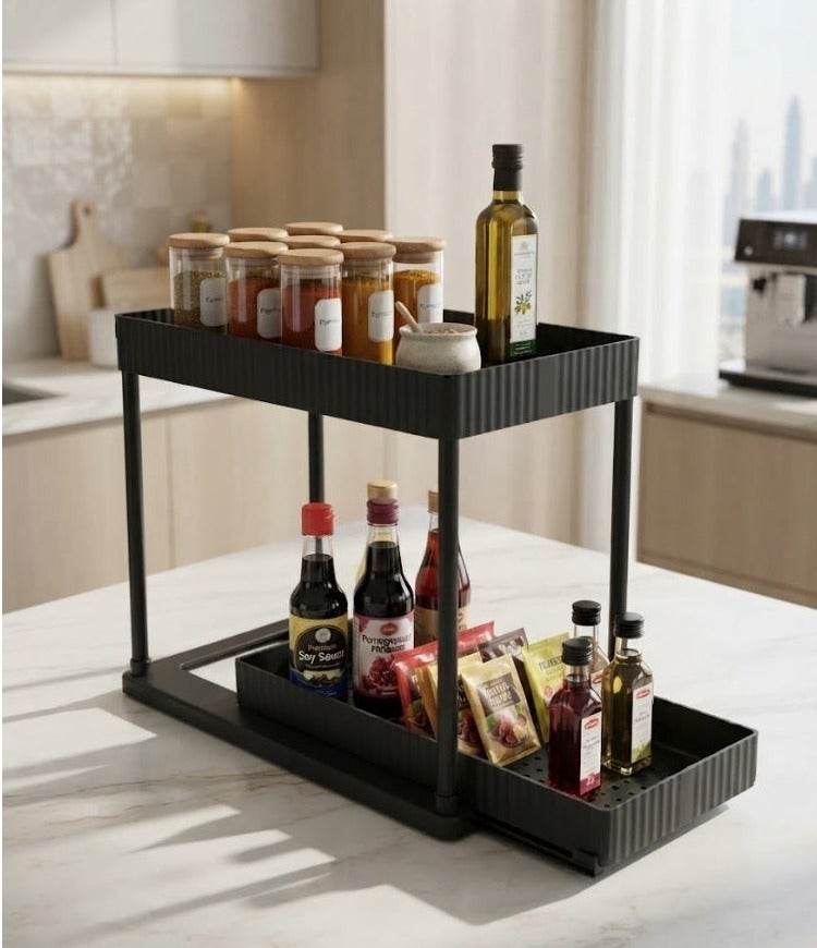 Novique 2-Tier Storage Organizer with Pull-Out Lower Basket, Kitchen & Bathroom Under Sink Cabinet Organizer, Space-Saving Vertical Design for Tight Spaces, Black, 32 x 19.5 x 33.5 cm, 2 Storage Shelves for Spices, Sauces, Jars & Bottles - Image 1