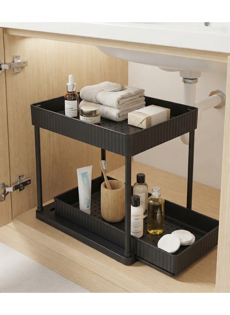 Novique 2-Tier Storage Organizer with Pull-Out Lower Basket, Kitchen & Bathroom Under Sink Cabinet Organizer, Space-Saving Vertical Design for Tight Spaces, Black, 32 x 19.5 x 33.5 cm, 2 Storage Shelves for Spices, Sauces, Jars & Bottles - Image 5