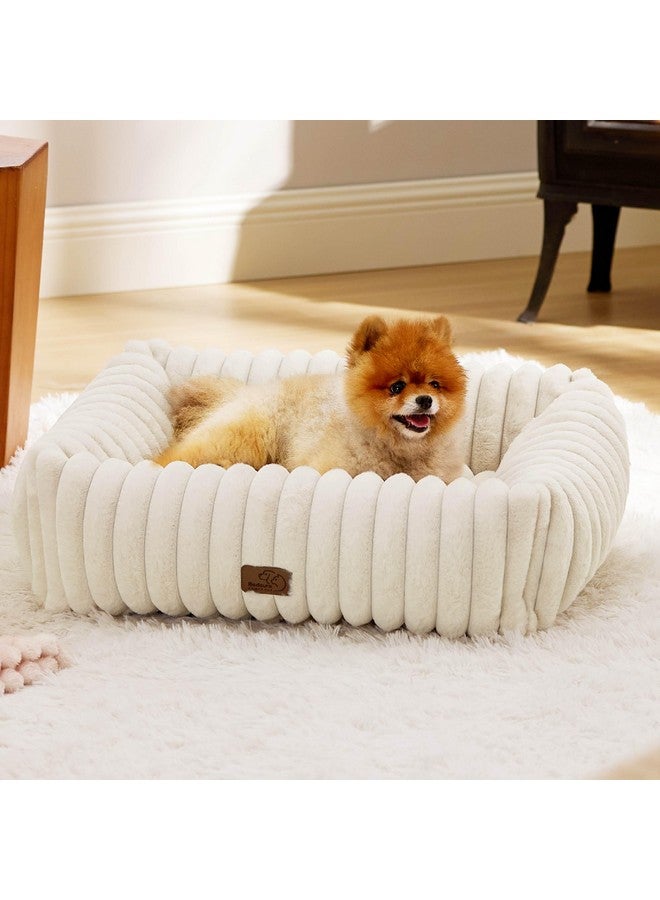 Bedsure Cute Dog Bed for Small Medium Dogs - Washable Furry Puppy Beds, Rectangle Orthopedic Corduroy Fleece Pet Beds with Removable Zipper Cover, 25x21x7inches, Cream - Image 1