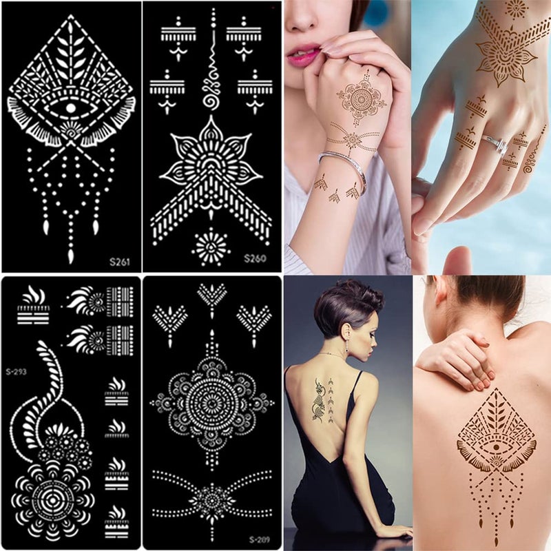 XMASIR 16 Sheets Temporary Henna Tattoo Kit, Reusable Tattoo Stencils Sets Indian Arabian Temporary Tattoo Templates Kit for Body Hand Art - Image 3