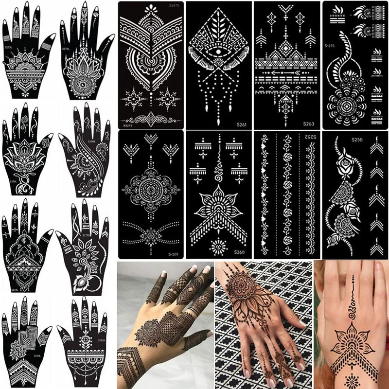 XMASIR 16 Sheets Temporary Henna Tattoo Kit, Reusable Tattoo Stencils Sets Indian Arabian Temporary Tattoo Templates Kit for Body Hand Art - Image 1