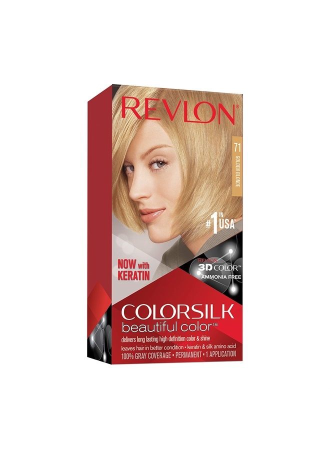 Revlon Colorsilk Beautiful Color Permanent Hair Color with 3D Gel Technology & Keratin, 100% Gray Coverage Hair Dye, 71 Golden Blonde