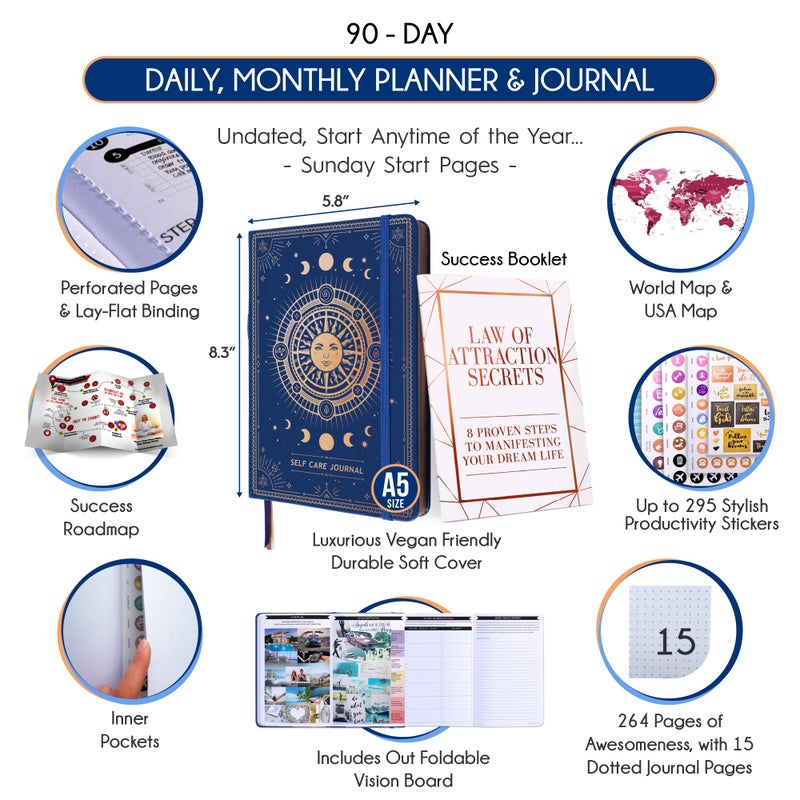 Freedom Mastery Self Care Journal - 5 Minute Mental Health & Manifestation Journal | 90-Day Undated Daily Planner for Positivity, Affirmations & Gratitude | Guided Mindfulness, Reflection | Vision Board + Stickers - Image 2