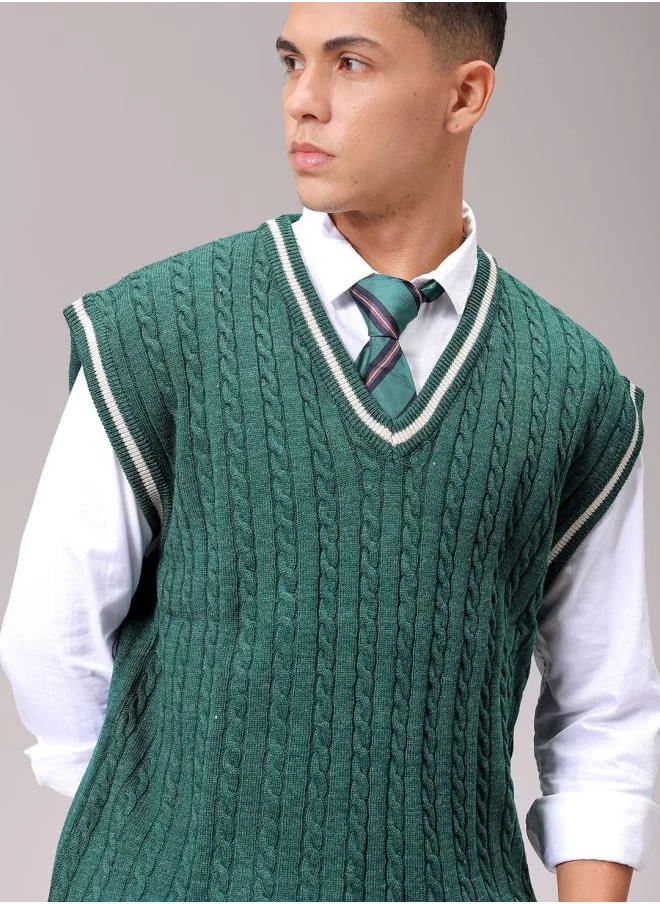 The Indian Garage Co Men Oversized Textured V-Neck Sweater
