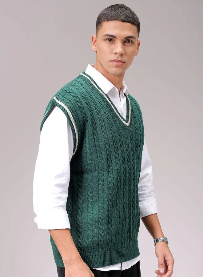 The Indian Garage Co Men Oversized Textured V-Neck Sweater