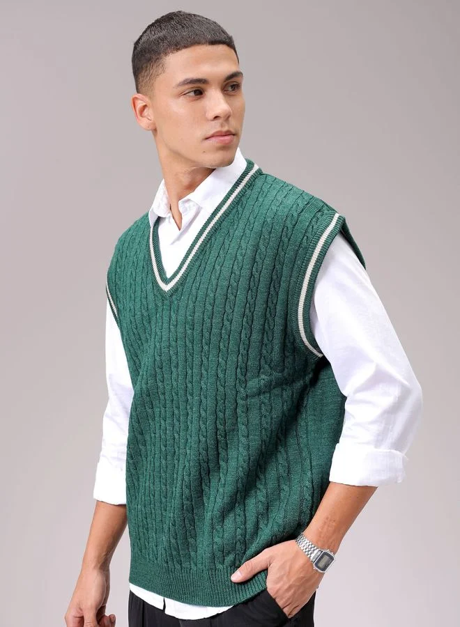 The Indian Garage Co Men Oversized Textured V-Neck Sweater