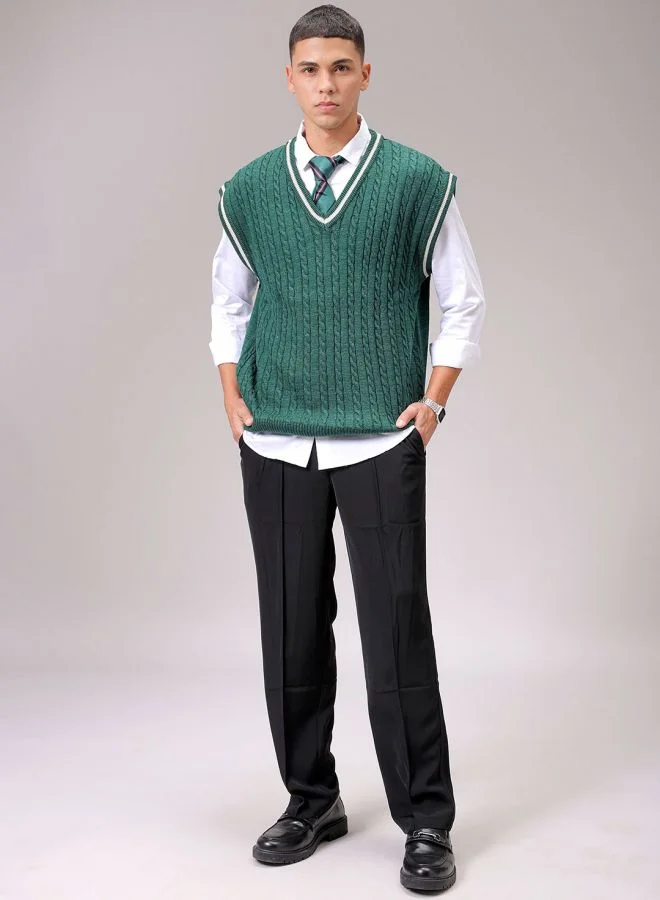 The Indian Garage Co Men Oversized Textured V-Neck Sweater