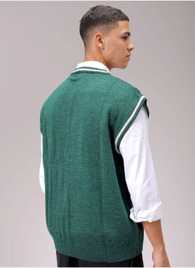 The Indian Garage Co Men Oversized Textured V-Neck Sweater