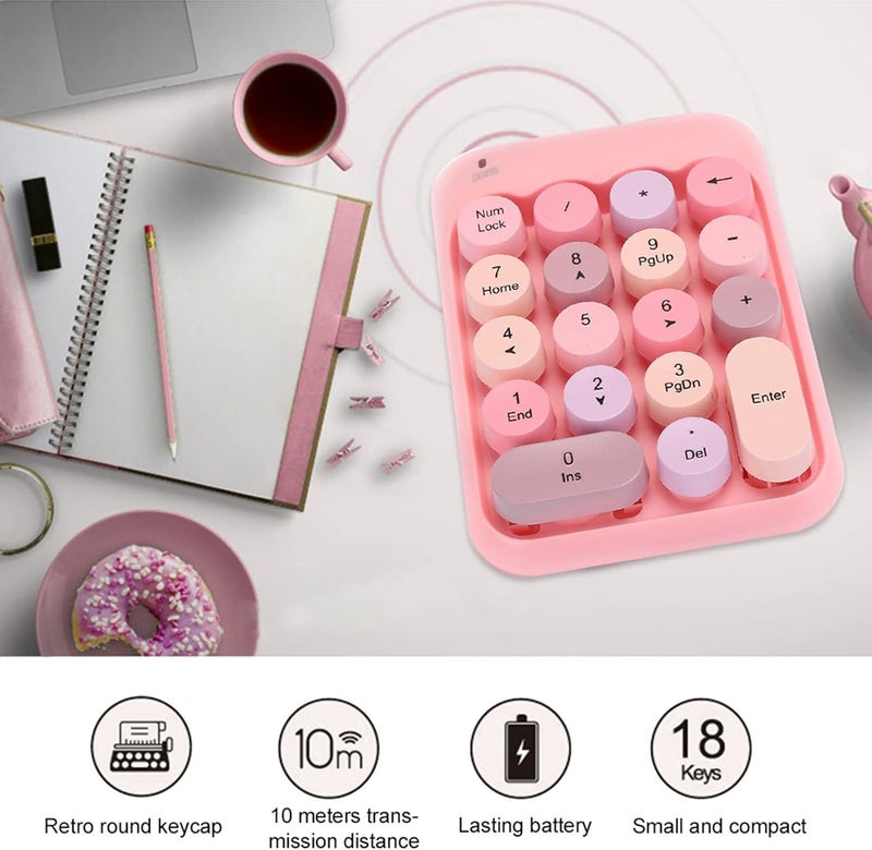 klarako Portable Numeric Keypad, Vintage Colorful Round Cap Num Keyboard with 10m Wireless Distance, Waterproof 18-Keys for Financial Accounting, Suitable for PC, Laptop - Image 4