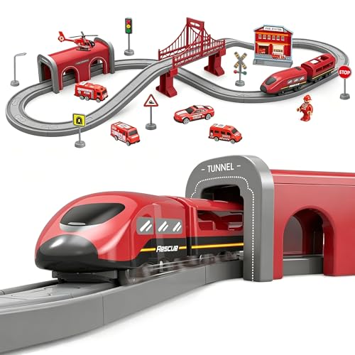 Wdmiya Train Sets for Toddlers 66 Pcs Trains Toy with Battery Operated Tracks Magnetic Connection Compatible with Thomas Brio Christmas Toy Gifts for 3 4 5 6 7 8 Years Old Fire Engines - Image 1