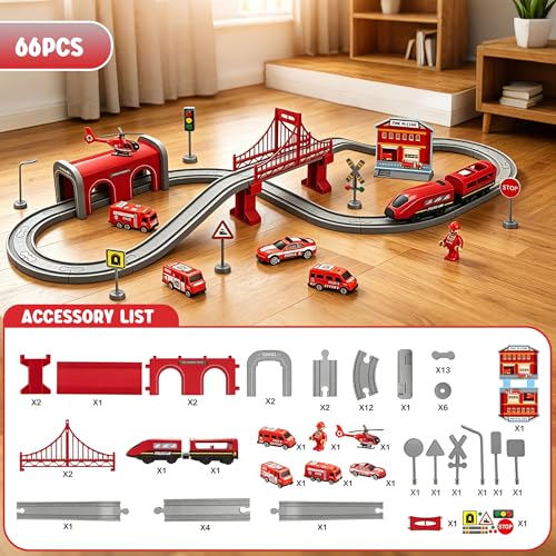 Wdmiya Train Sets for Toddlers 66 Pcs Trains Toy with Battery Operated Tracks Magnetic Connection Compatible with Thomas Brio Christmas Toy Gifts for 3 4 5 6 7 8 Years Old Fire Engines - Image 5