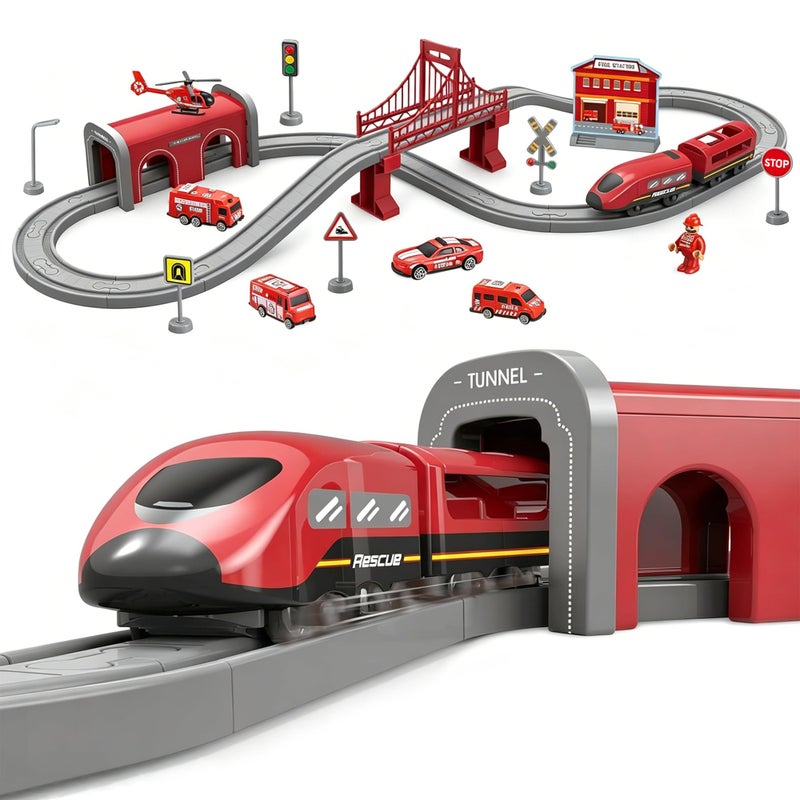 Wdmiya Train Sets for Toddlers 66 Pcs Trains Toy with Battery Operated Tracks Magnetic Connection Compatible with Thomas Brio Christmas Toy Gifts for 3 4 5 6 7 8 Years Old Fire Engines - Image 3