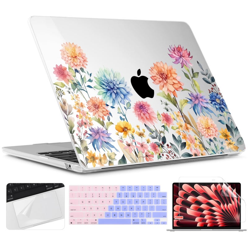 Twolskoo For M3 Macbook Air 13.6 Inch Case 2024-2022 A3113 A2681 M2 With Touch Id & Retina Display  Plastic Hard Shell Cover With Screen Protector & Keyboard Cover & Trackpad Film Beautiful Flowers - Image 1