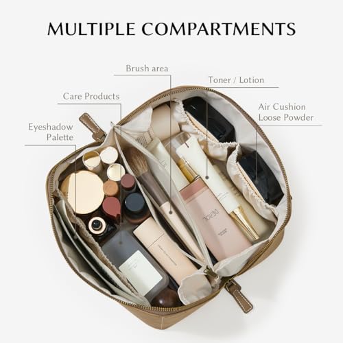 EACHY Travel Makeup Bag, Faux Suede Cosmetic Bags for Women,Large Capacity Portable Pouch Open Flat Toiletry Bag Make up Organizer with Divider and Handle - Image 2