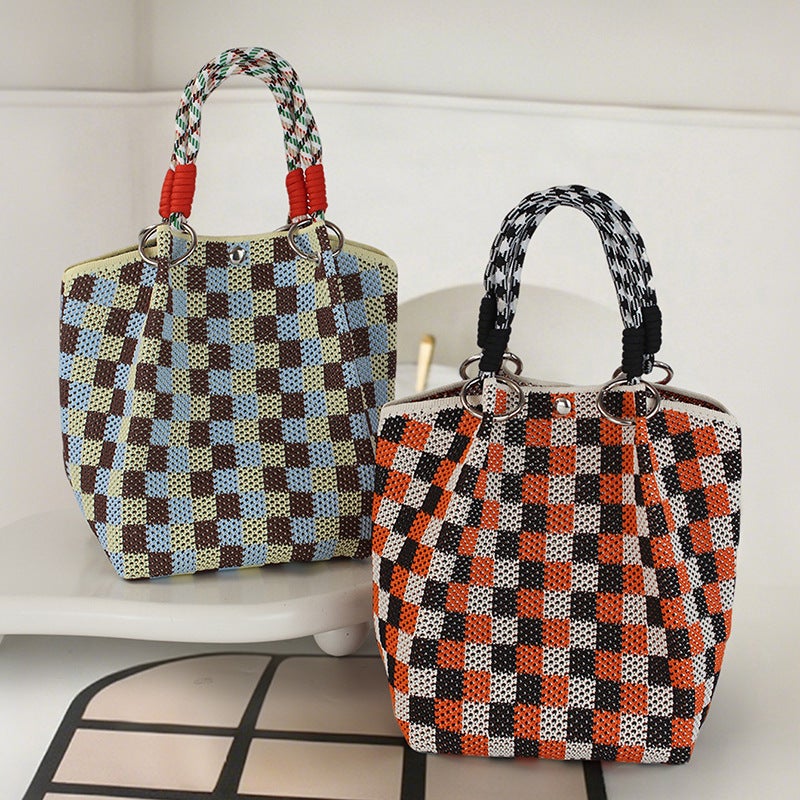 Cute Fresh Wool Crochet Bag Shoulder Portable Checkerboard Square Women'S Bag Fresh And Sweet Knitted Bag - Image 3