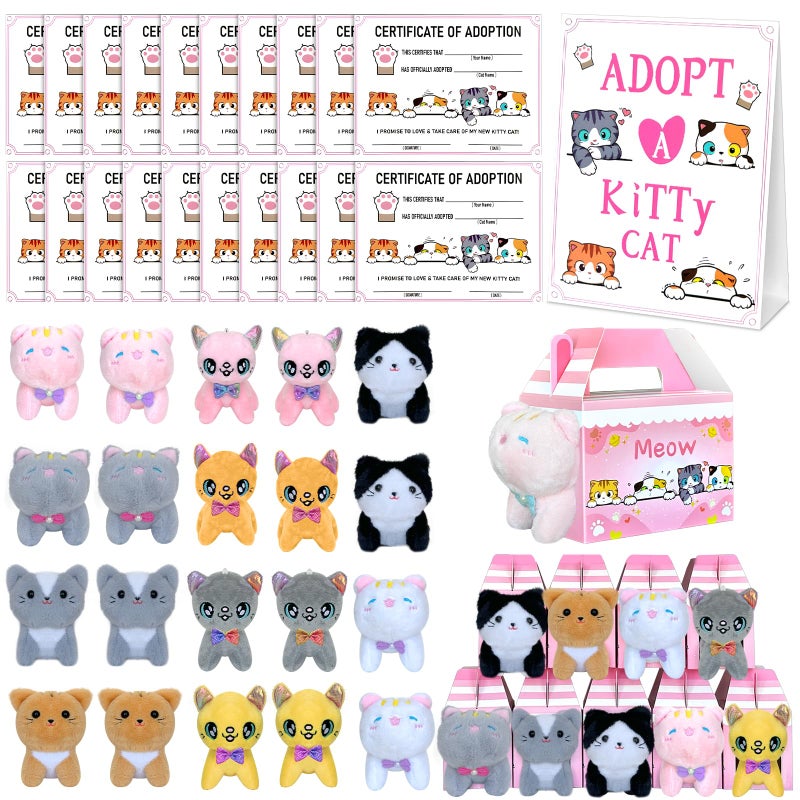 Jiytivity 63 Pcs Adopt a Cat Party Favors Include 20 Foldable Kitten Boxes 20 Mini Stuffed Cats 20 Card 1 Sign 2 Fence for Adopt a Kitty Party Favors Cat Supplies Gifts - Image 1