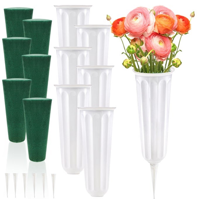 6 PACK CEMETERY VASES WITH SPIKES MEMORIAL FLORAL VASES WITH FOAM INSERTS GRAVE FLOWER HOLDER CONES FOR OUTDOOR USE LAWN HEADSTONE GRAVESIDE DECORATION FRESH OR ARTIFICIAL FLOWERS WHITE