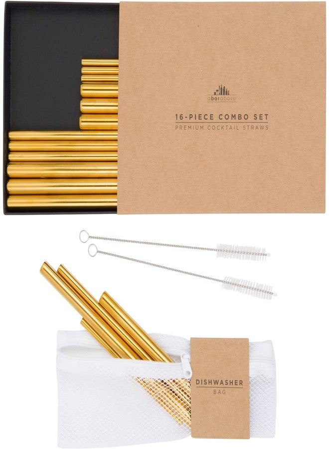 A Bar Above Gold Metal Straws Set, 16 Pc Jumbo Short and Long Reusable Stainless Steel Straws with Wide and Thin Options, Includes Straw Cleaners and Dishwasher Safe Bag, Stylish Gold Bar Accessories - Image 1