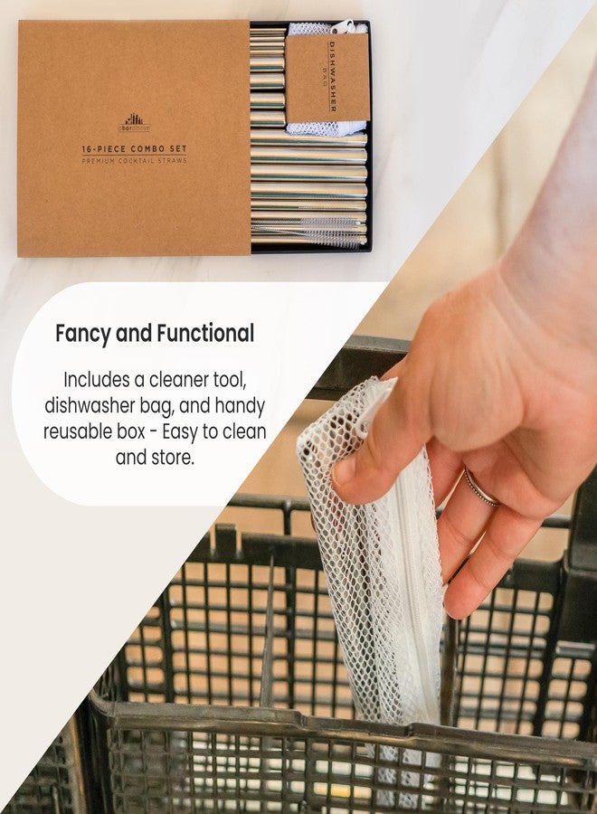A Bar Above Gold Metal Straws Set, 16 Pc Jumbo Short and Long Reusable Stainless Steel Straws with Wide and Thin Options, Includes Straw Cleaners and Dishwasher Safe Bag, Stylish Gold Bar Accessories - Image 3
