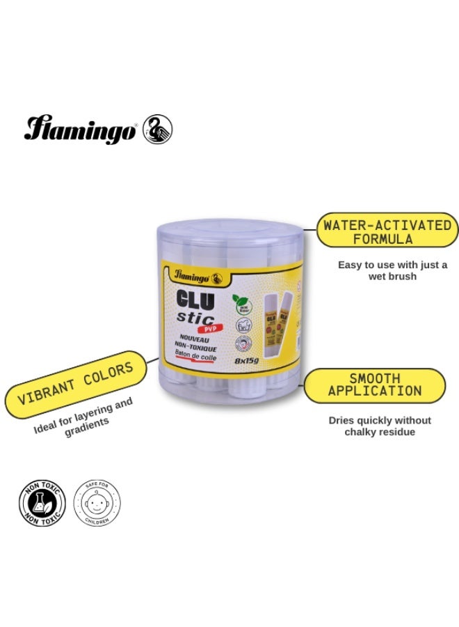 Flamingo CLU STIC Water-Activated Glue Sticks - 8 x 15g - Non-Toxic - Image 2