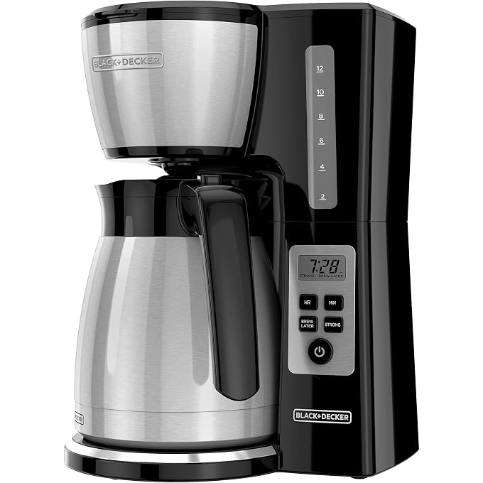 BLACK&DECKER 12 Cup Thermal Programmable Coffee Maker with Brew Strength and VORTEX Technology, Black/Steel, CM2046S | Programmable coffee maker with Vortex showerhead, brew strength control and mess-free Perfect Pour spout. - Image 1