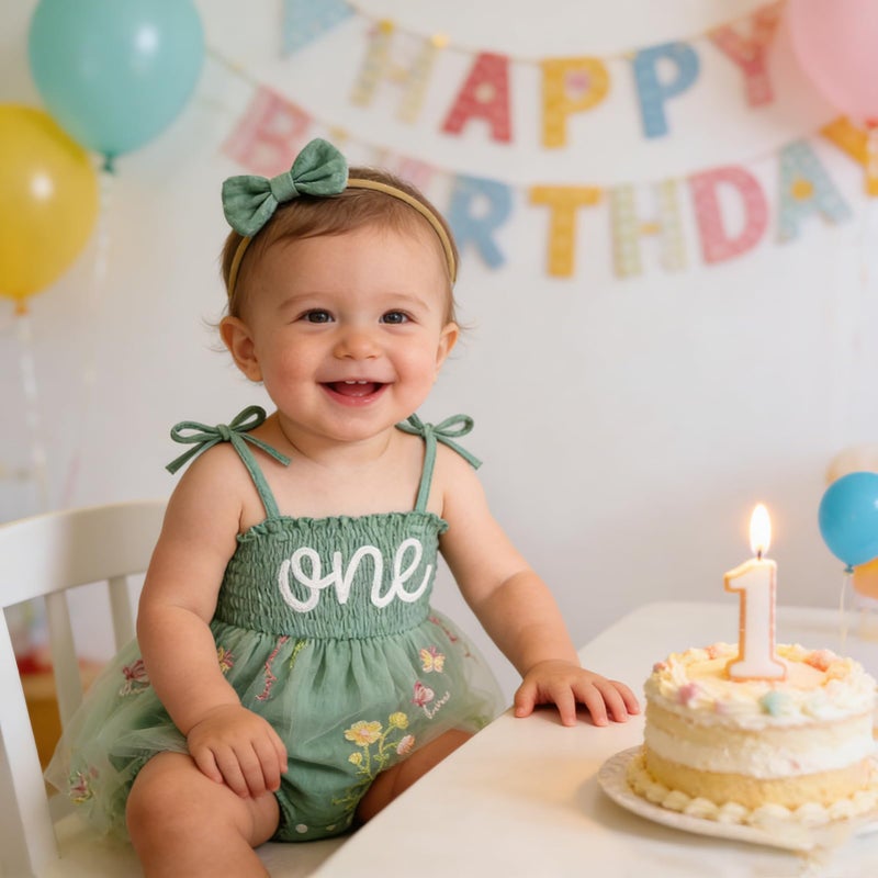 TITKKOP Baby Girl 1st Birthday Clothes One Year Old Tulle Romper Sleeveless Bodysuit Cake Smash Outfits(Green,12-18M) - Image 2