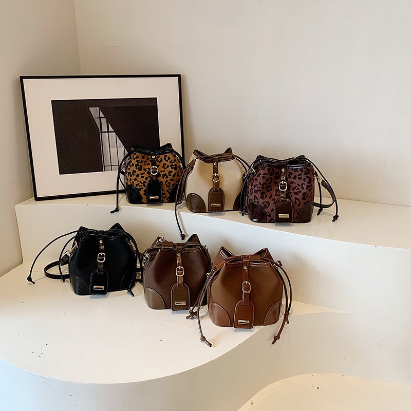 Leopard Print Color-Blocked Women'S Bag Crossbody Bag Vintage Matte Niche Bucket Bag Versatile For Commuting - Image 5