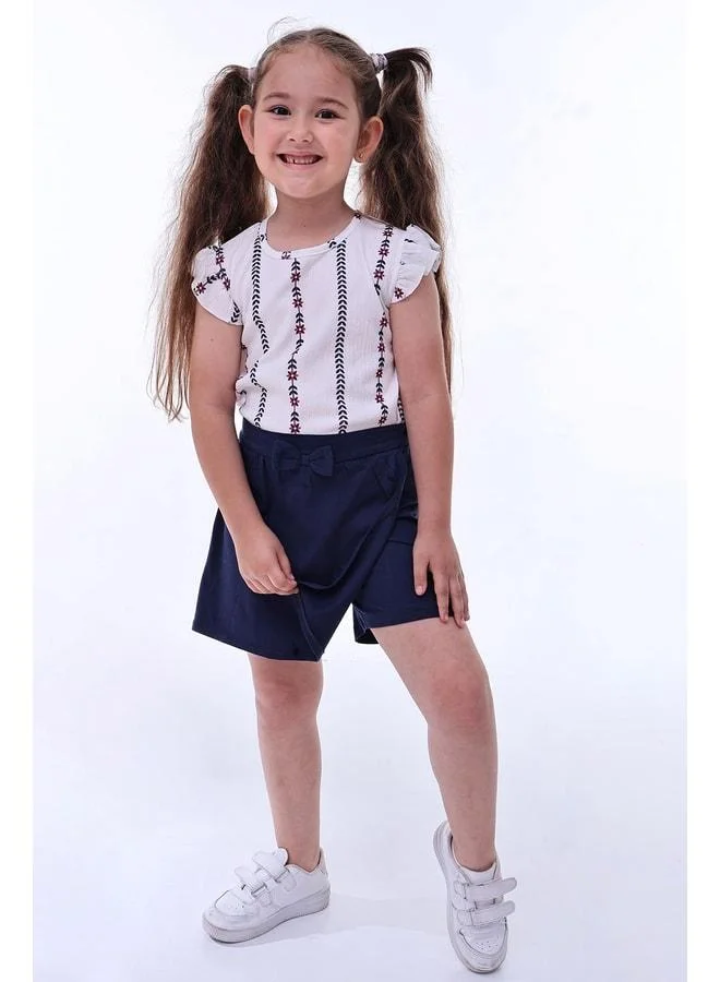 Zuzunga Soft Fabric Flower-Print Ruffled Sleeve Bow-Detail Girls' Shorts and Skirt Set.