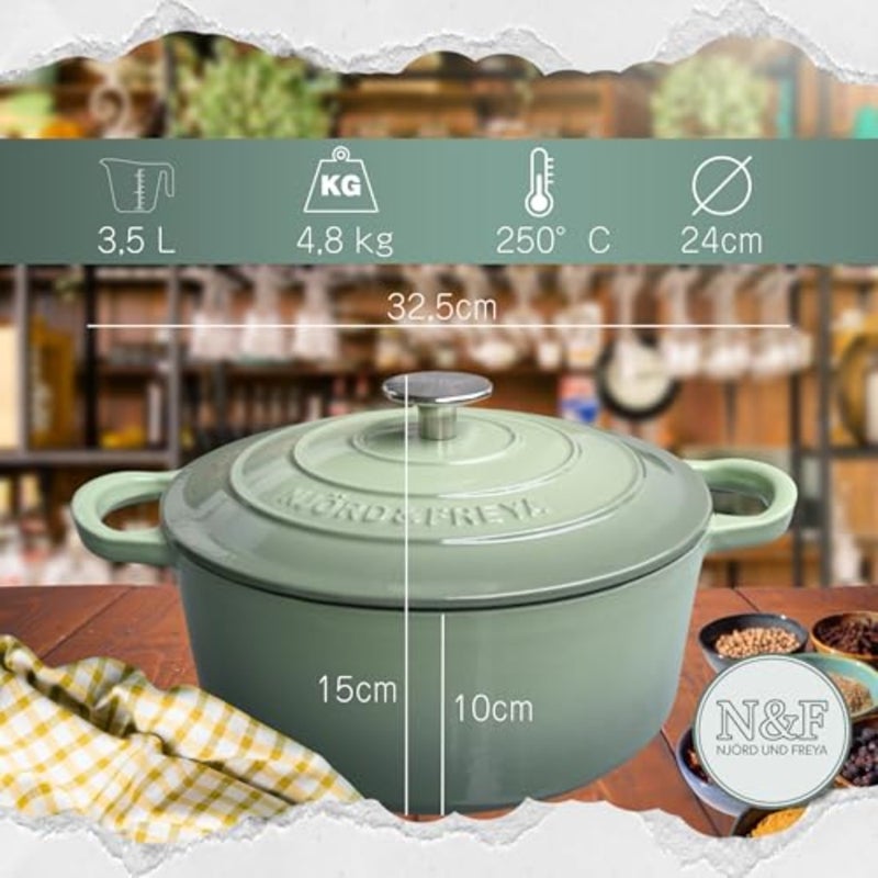 ® Cast Iron Casserole 24 cm - Bread Baking and Roasting Pot with Enamel - Oven Safe, Induction Safe, Scratch-Resistant, for Juicy Bread and Stewing Dishes Mint Green, Cooking Pot for Your - Image 4