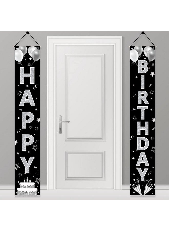 Excelloon Black White Silver Birthday Door Banner Decorations for Men Women, Black Silver Happy Birthday Porch Sign Party Supplies, 16th 21st 30th 40th 50th 60th 70th 80th 90th Birthday Backdrop Decor - Image 1