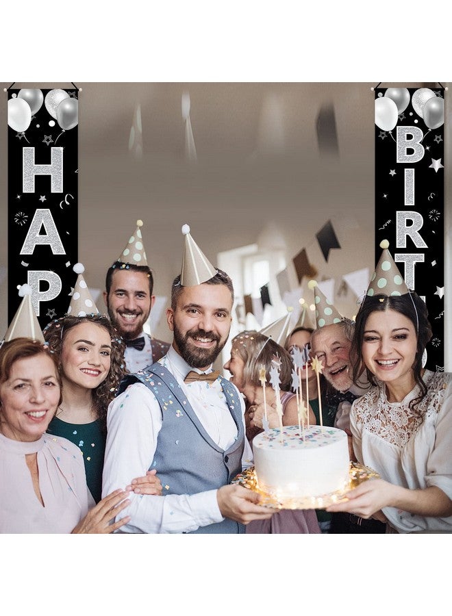 Excelloon Black White Silver Birthday Door Banner Decorations for Men Women, Black Silver Happy Birthday Porch Sign Party Supplies, 16th 21st 30th 40th 50th 60th 70th 80th 90th Birthday Backdrop Decor - Image 5