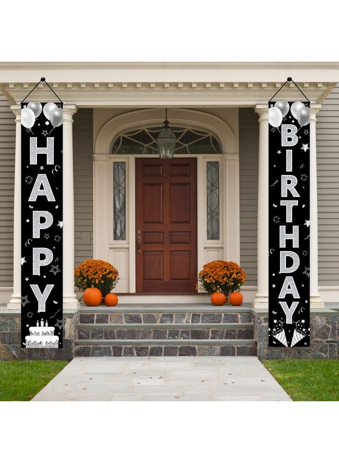 Excelloon Black White Silver Birthday Door Banner Decorations for Men Women, Black Silver Happy Birthday Porch Sign Party Supplies, 16th 21st 30th 40th 50th 60th 70th 80th 90th Birthday Backdrop Decor - Image 4