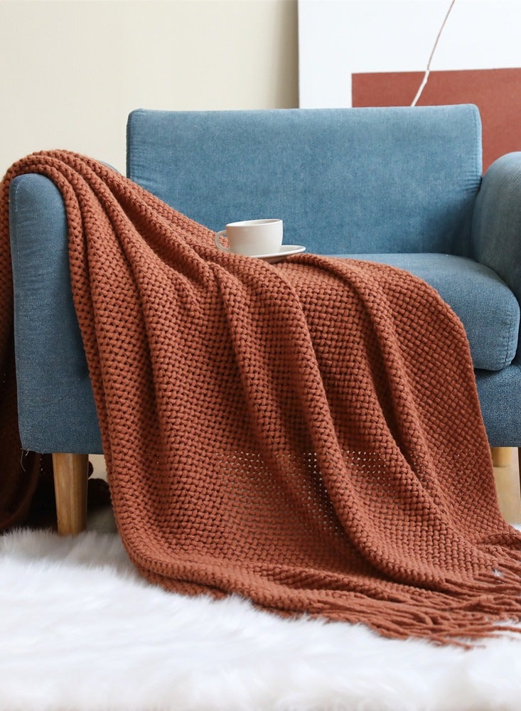 Loquat Solid Color Tassel Design Knitted Soft Throw Blanket Caramel - Image 1