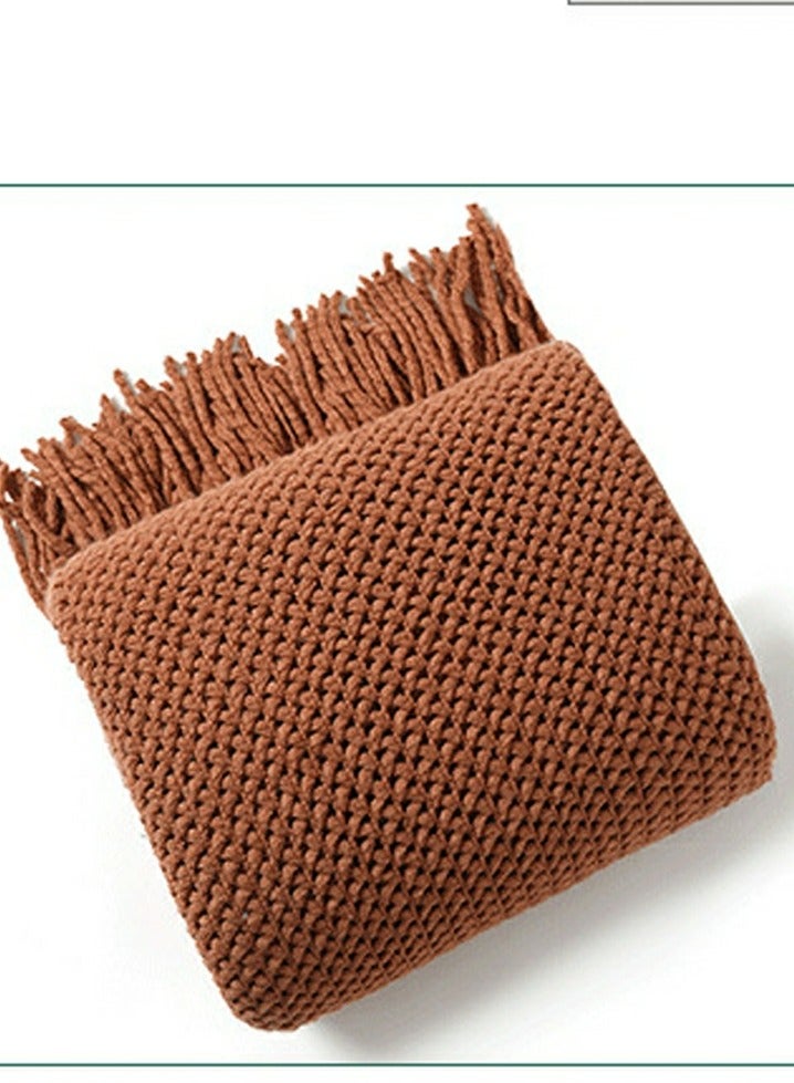 Loquat Solid Color Tassel Design Knitted Soft Throw Blanket Caramel - Image 2