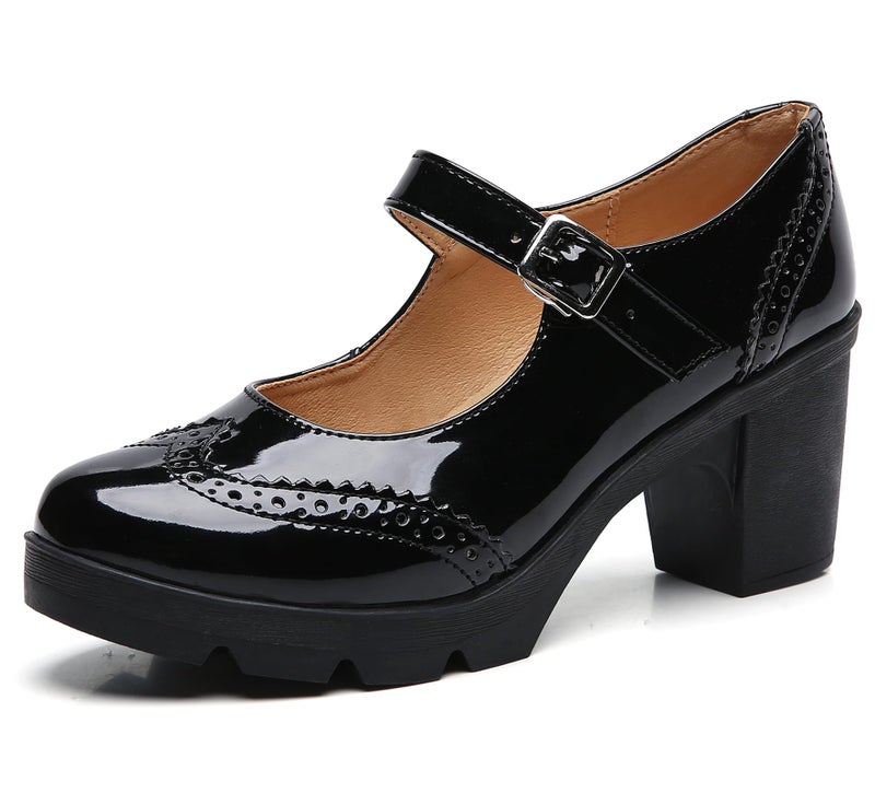 DADAWEN Women's Chunky Low Block Heels Mary Jane Closed Toe Work Pumps Comfortable Round Toe Oxfords Dress Wedding Shoes Black Patent US Size 8 - Image 1