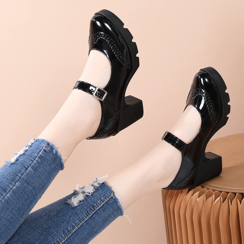 DADAWEN Women's Chunky Low Block Heels Mary Jane Closed Toe Work Pumps Comfortable Round Toe Oxfords Dress Wedding Shoes Black Patent US Size 8 - Image 3