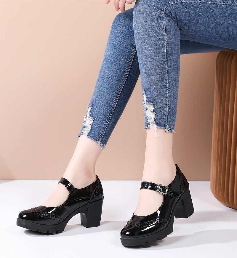 DADAWEN Women's Chunky Low Block Heels Mary Jane Closed Toe Work Pumps Comfortable Round Toe Oxfords Dress Wedding Shoes Black Patent US Size 8 - Image 2