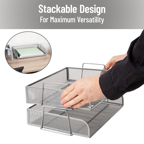 Mind Reader Stackable Paper Tray, Desktop Organizer, File Storage, Office, Metal Mesh, 13.25" L x 9.75" W x 6.25" H, 2 Pcs., Silver - Image 4